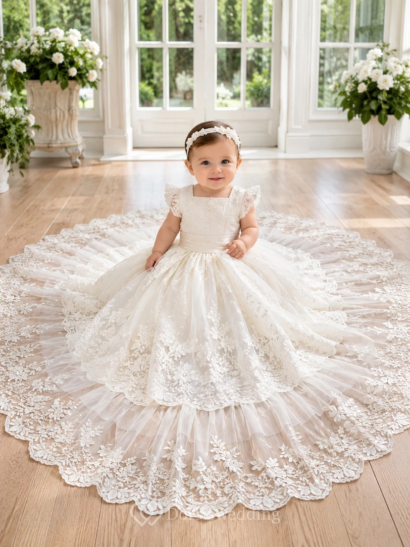 Robe de baptême de luxe pour bébé, robe de bal longue avec traîne cathédrale, col rond, sans manches, tulle et dentelle, nœud dans le dos et boutons dans le dos.