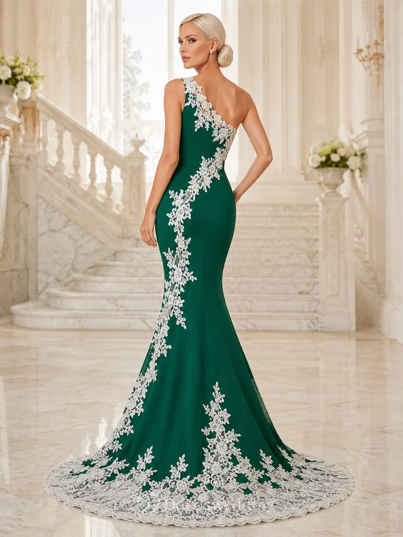 Elegantes, modernes Brautkleid im Meerjungfrauenstil mit Smaragdgrüner Stickerei, One-Shoulder-Schnitt, ärmellos und mit Schleppe view 2
