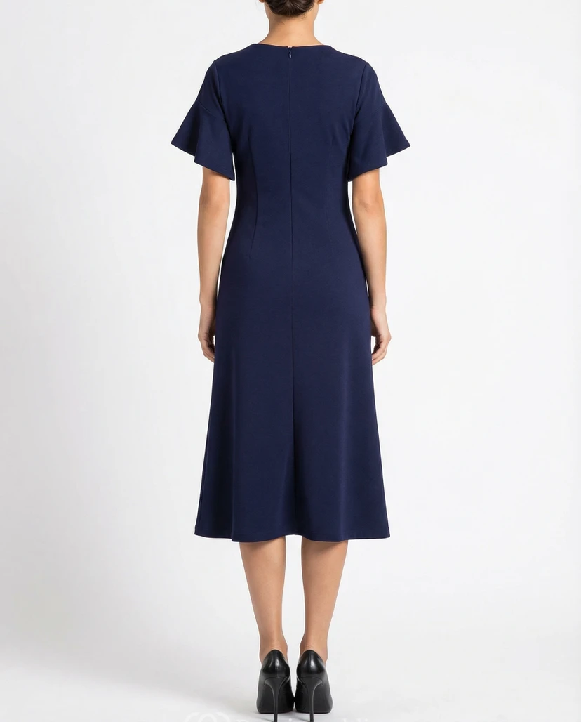 High Neck Jersey A-Line Dress with Bell Sleeves view 2