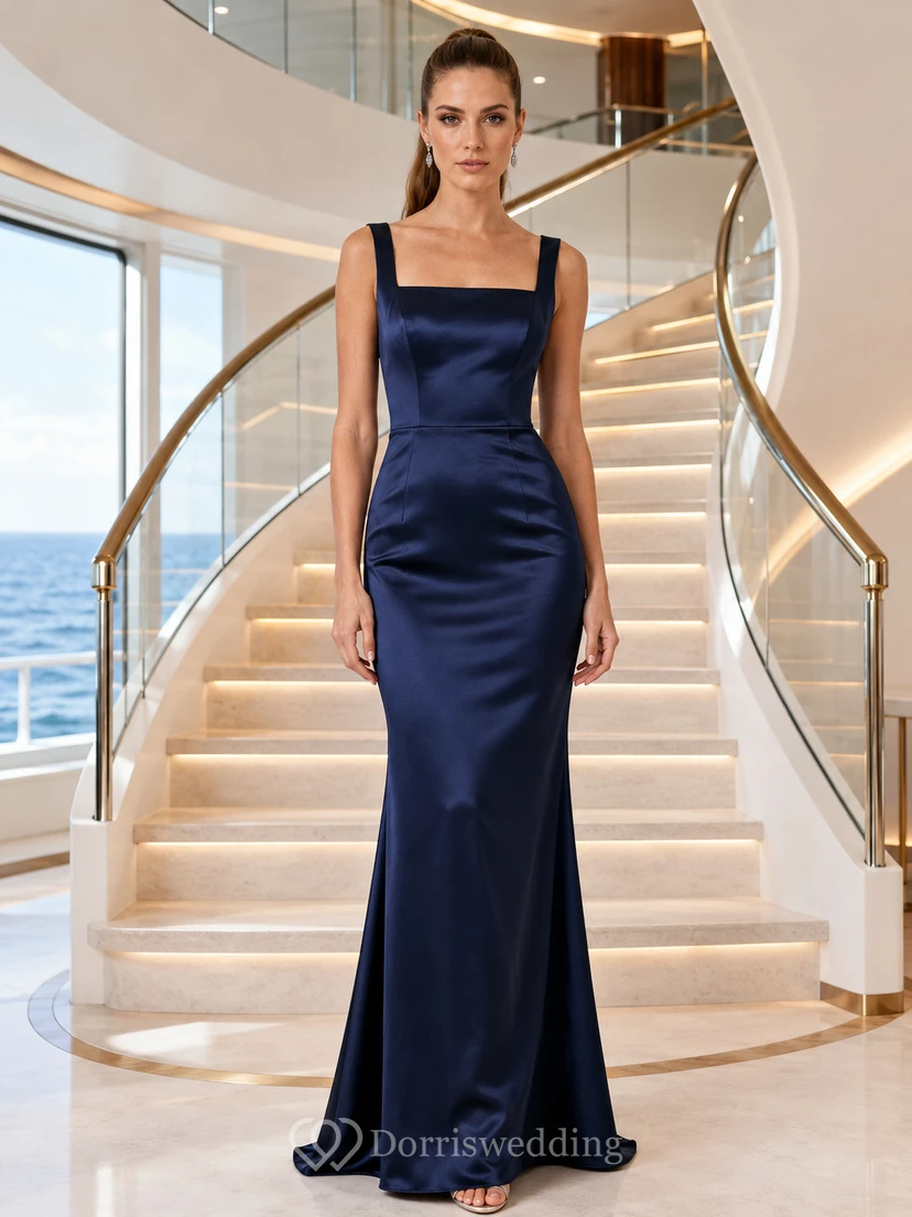 Navy Square Neck Satin Sheath Cruise Formal Gown
