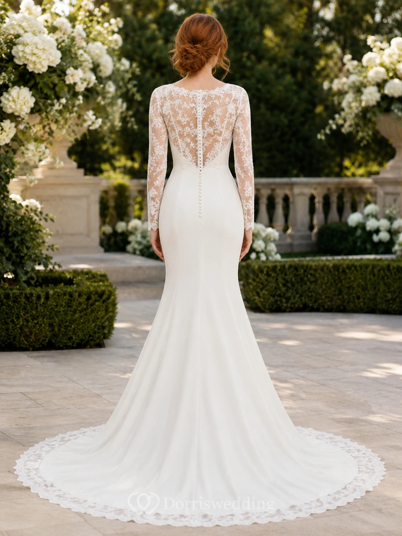 Robe de mariée modeste en dentelle et tulle, coupe sirène, col rond, manches longues et traîne chapelle. view 2