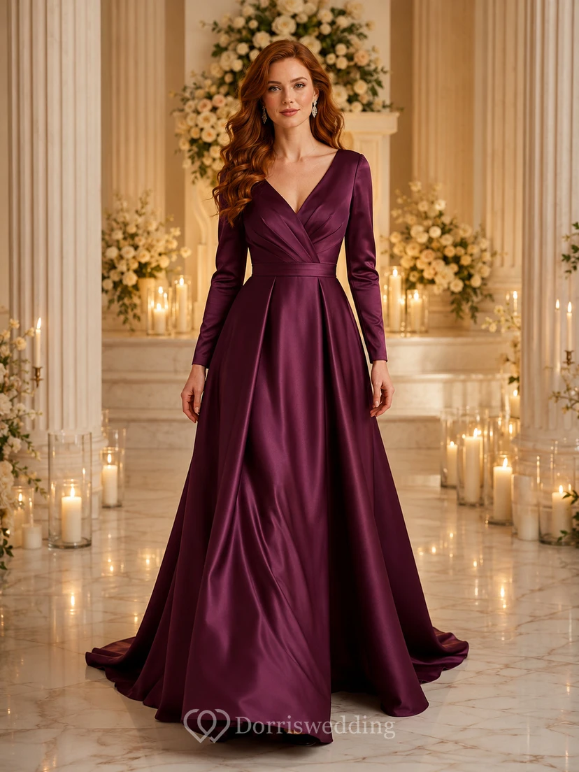 Plum Long Sleeve V-Neck Satin A-Line Wedding Dress