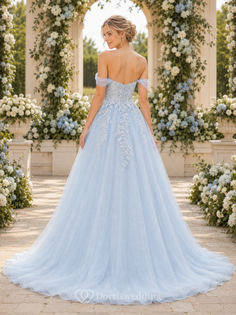 Blue Off Shoulder Lace Tulle A Line Garden Wedding Dress view 2