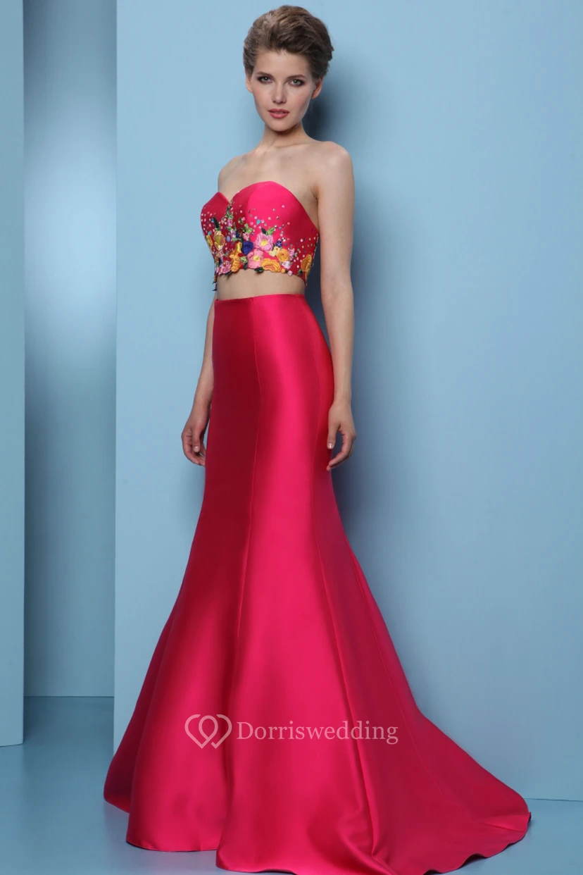 Mermaid Floor-Length Embroidered Sleeveless Sweetheart Satin Prom Dress With Sequins view 3