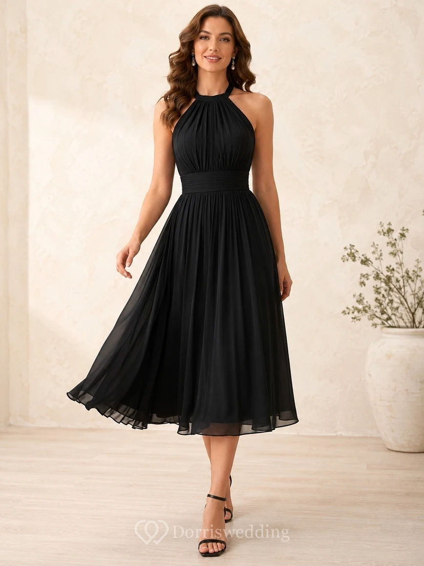 Elegant Black Halter Sleeveless Tea-length Chiffon A-line Pleated Dress
