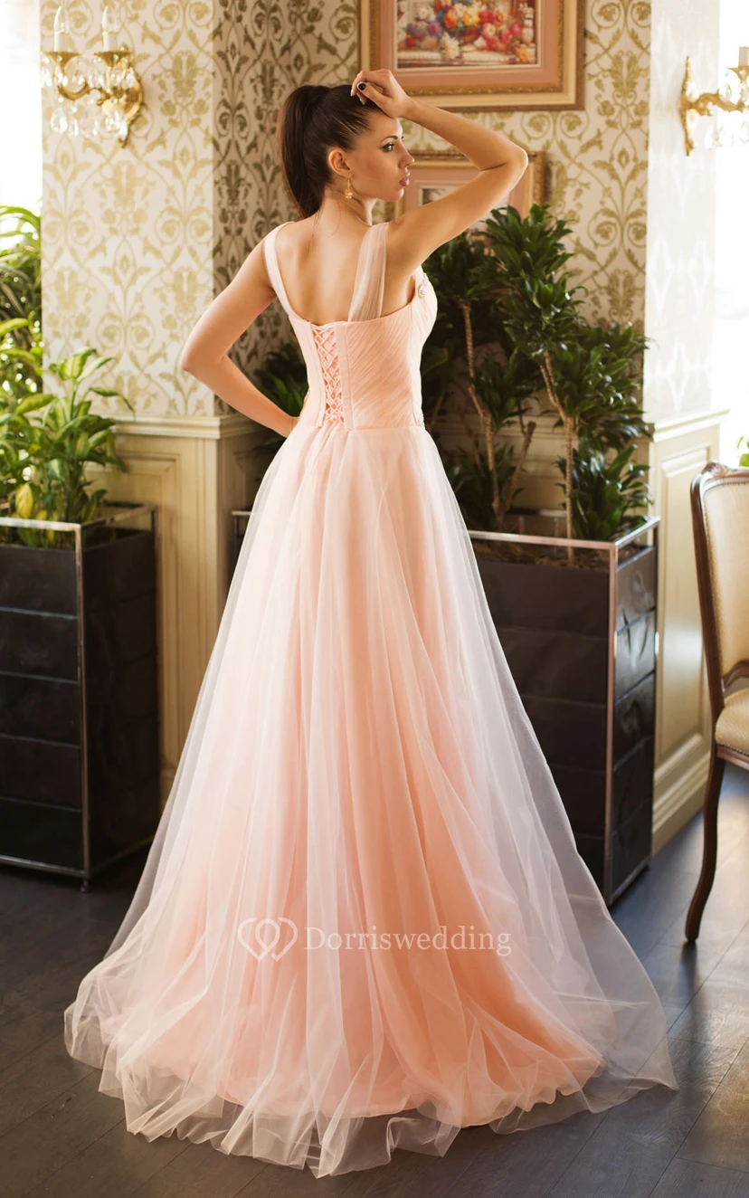 A-Line Sweep V-Neck Sleeveless Tulle Beading Pleats Lace-Up Dress view 2