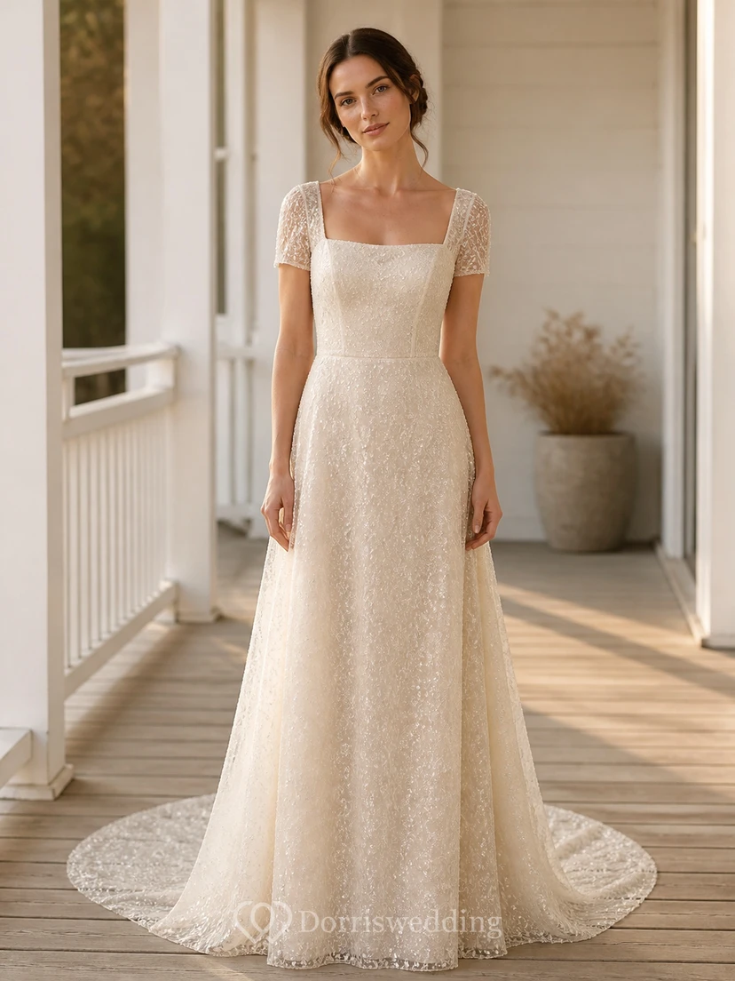Vestido de novia sencillo, transparente, de corte A, escote cuadrado y manga corta hasta el suelo
