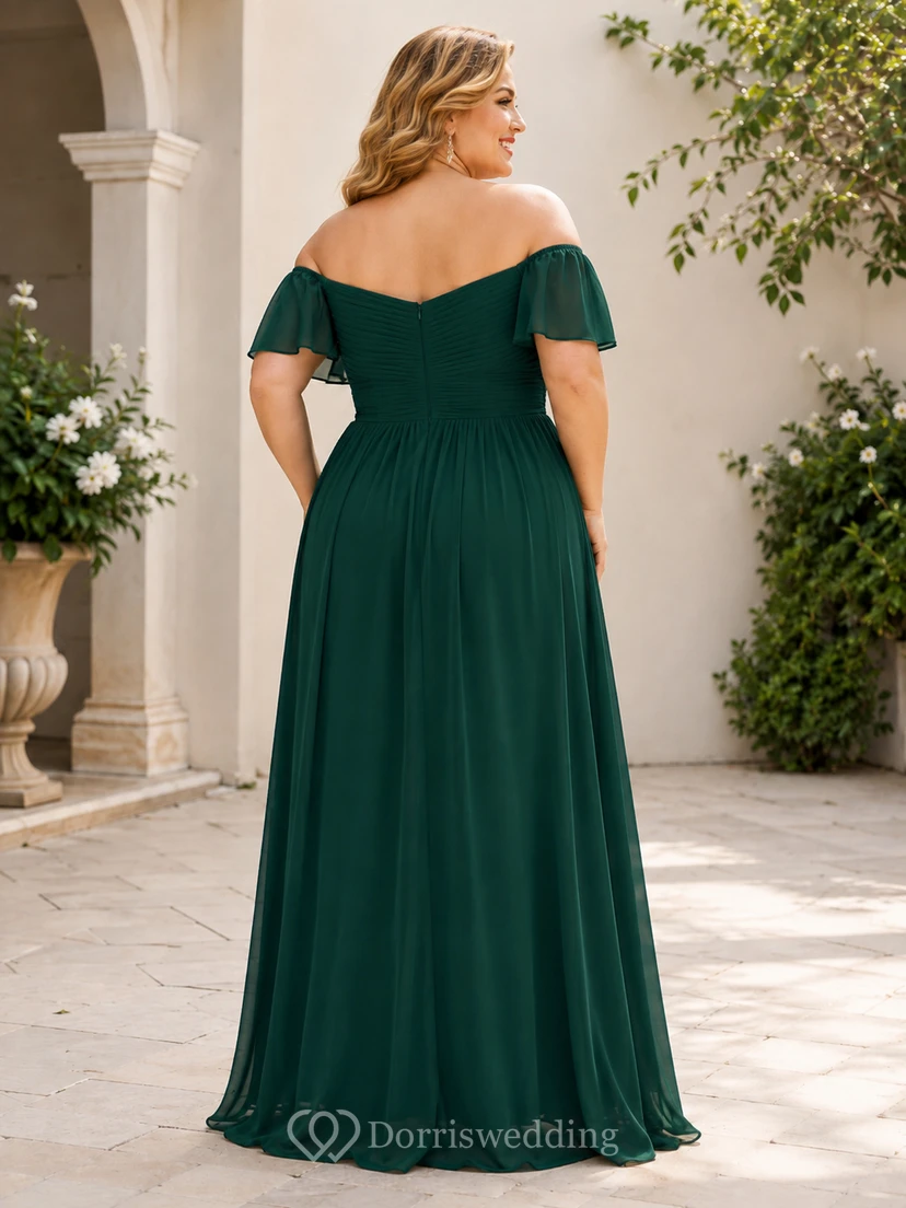 Emerald Dark-Green Off-Shoulder Sweetheart Short-Sleeve Chiffon A-Line Floor-Length Plus-Size Mother Evening Gown view 2