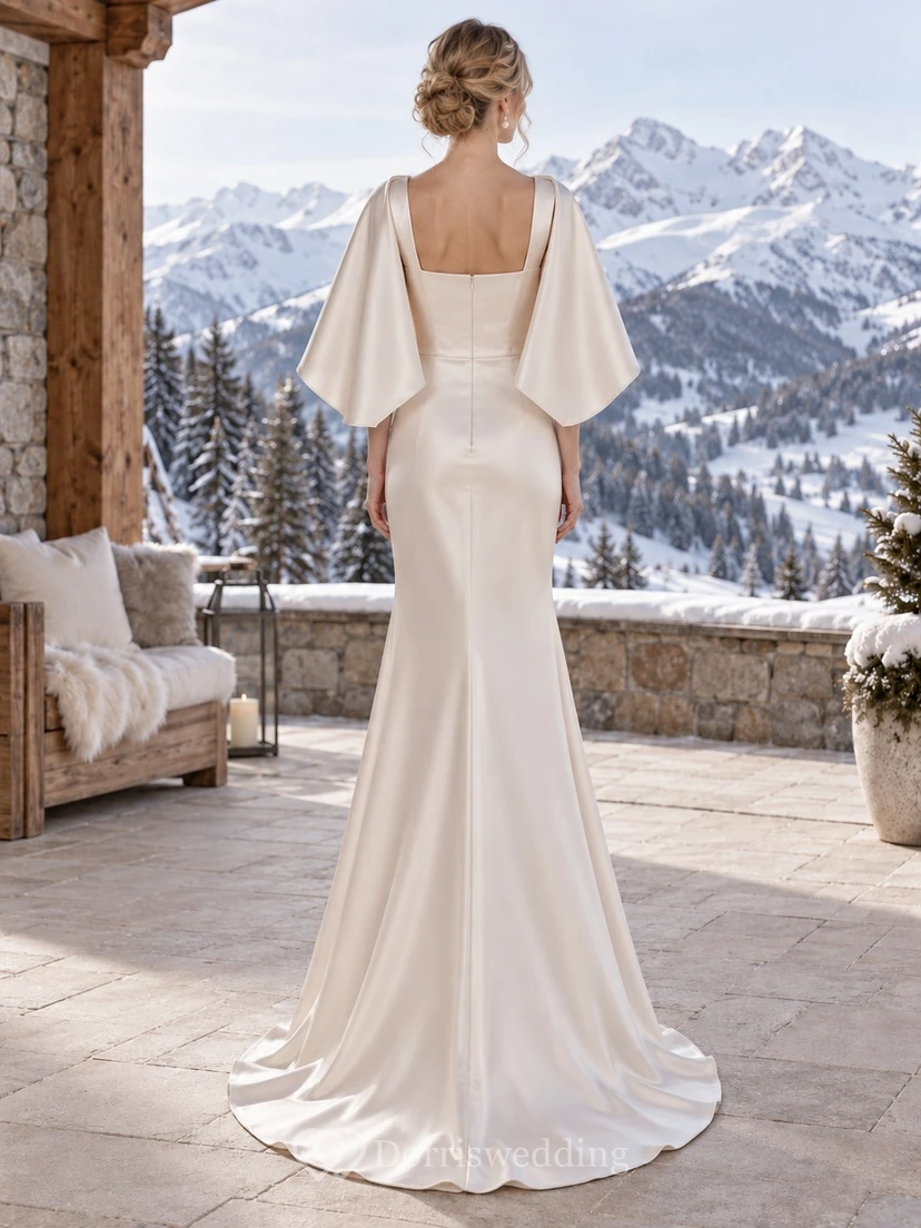 Simple Square Neck Satin Sheath Short Wedding Cape Dress view 2
