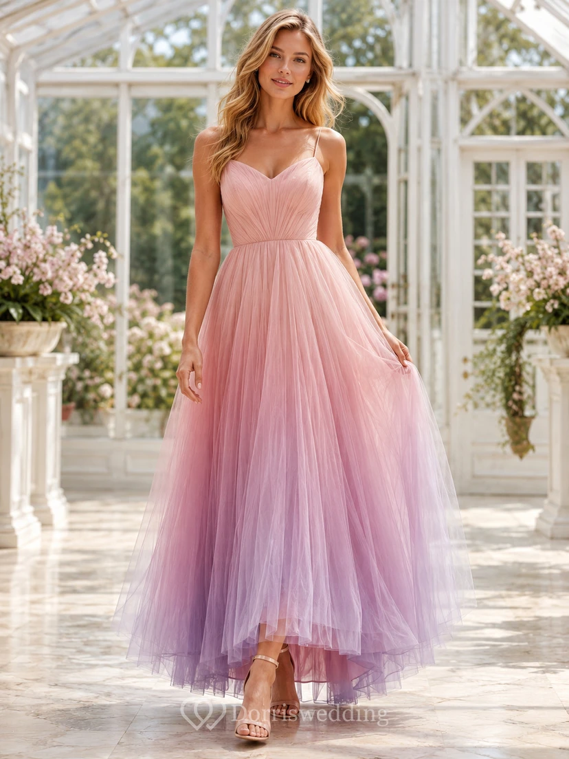 Romantisches, rosafarbenes Spaghetti-Top-Kleid mit Ombré-Tüllrock und Knöchelabschluss