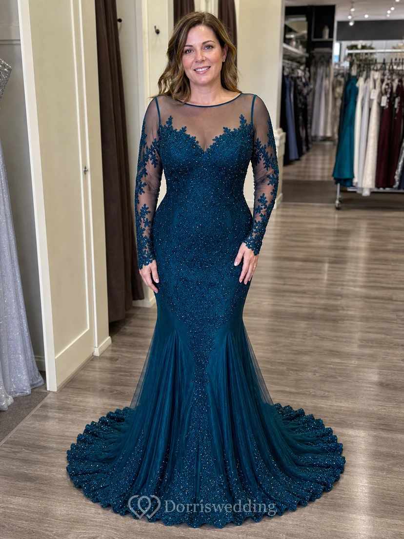High Neck Mermaid Floor-length Sweep Brush Train Long Sleeve Lace Evening Dress with Zipper Back view 9