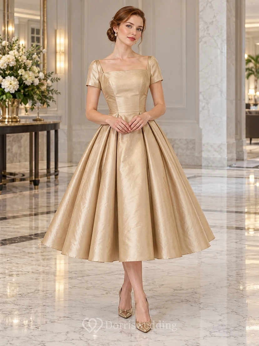 Robe vintage mi-longue en satin doré à manches courtes et col carré, col rond et évasée