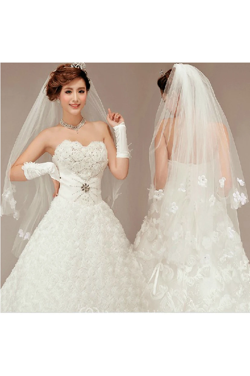 Double Layer Tulle Wedding Veil with Flower Appliques view 2