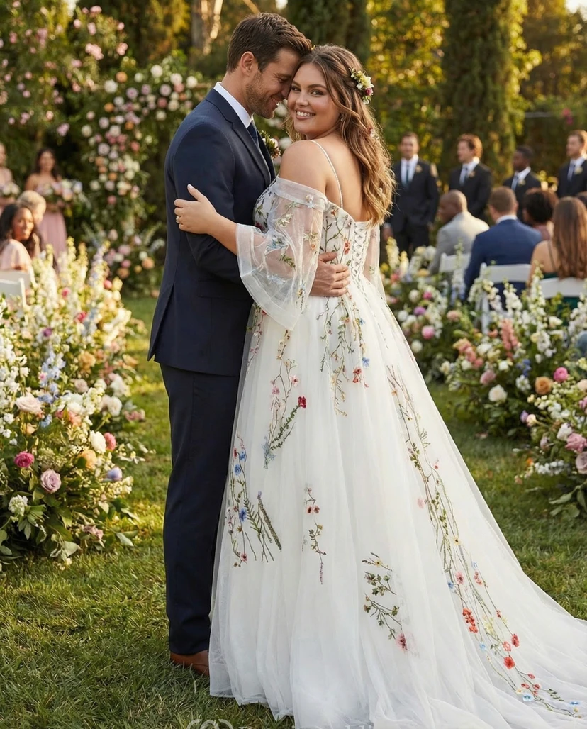 Ätherisches Brautkleid aus Tüll mit Wildblumenstickerei und schulterfreien Ärmeln view 5