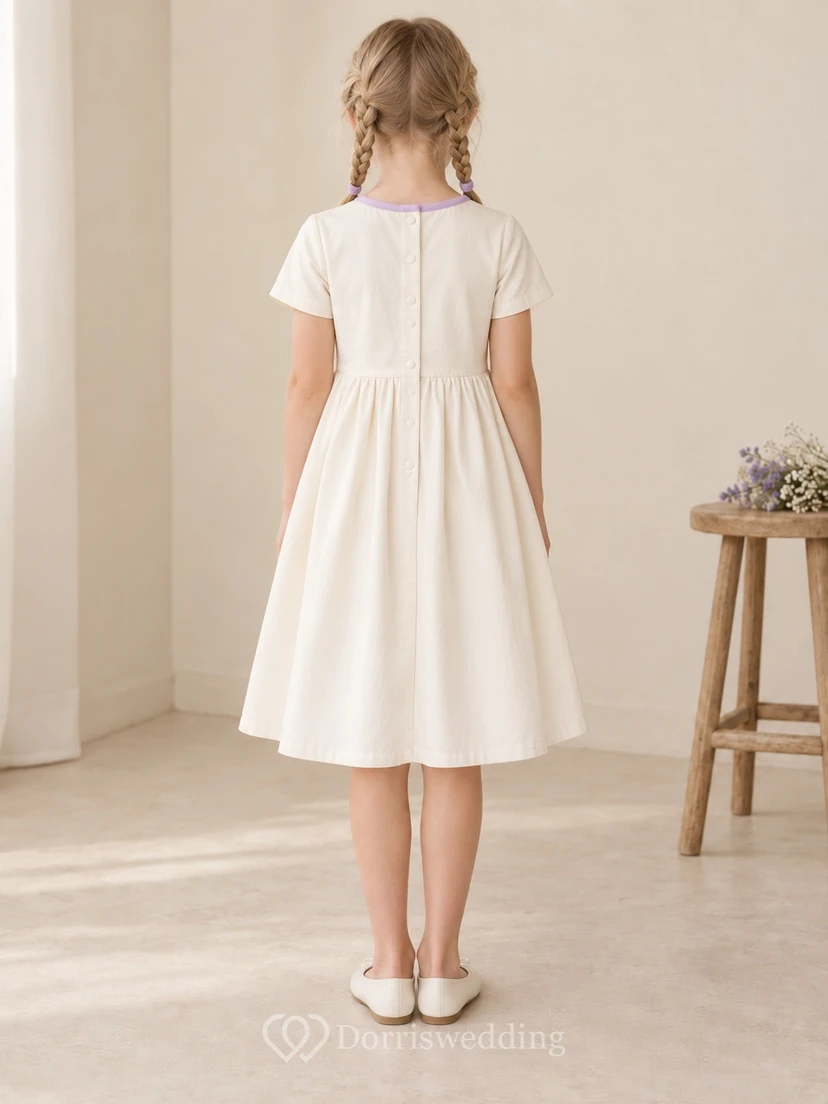 Simple Modest Cream Tea-length Thin Lavender Trim Compact Short Sleeve Flower Girl Dress