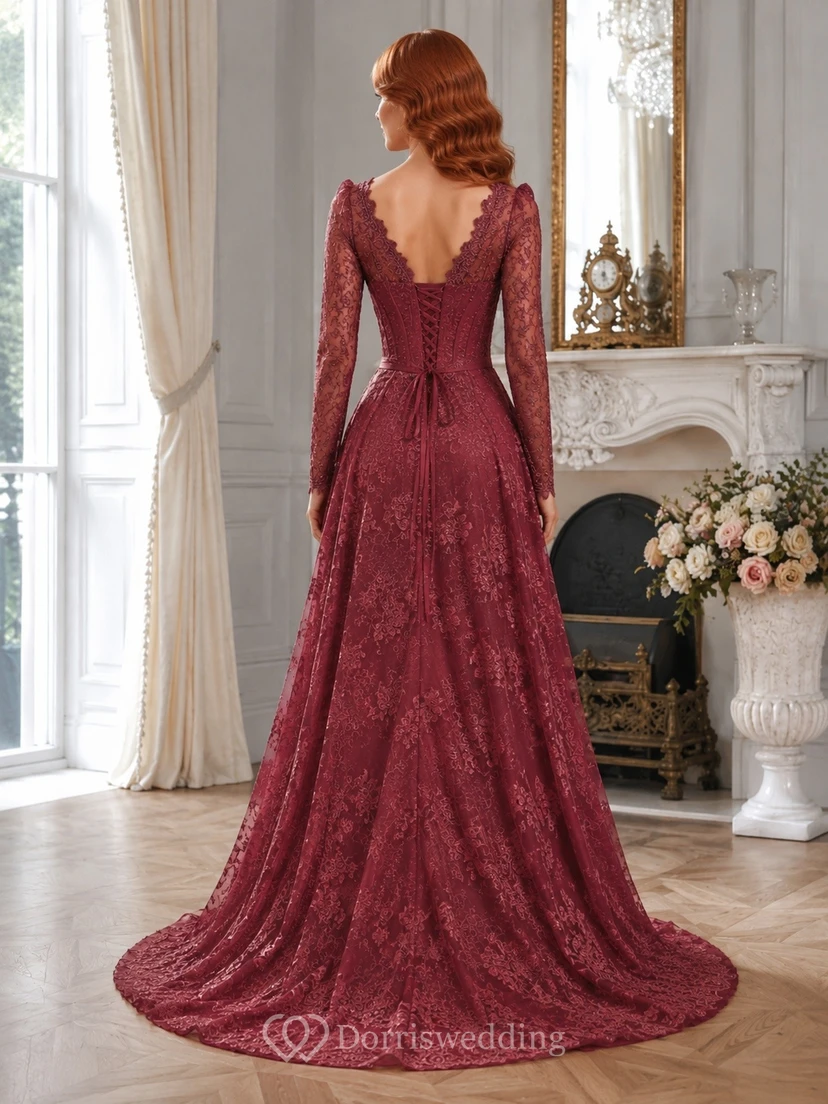 Vestido de noche clásico de satén burdeos, encaje, tul, escote corazón, manga larga, corte sirena, largo hasta el suelo view 2