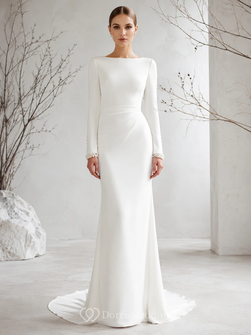 Minimal Bateau Neck Satin Wedding Sheath Long Sleeve Sweep Train Winter