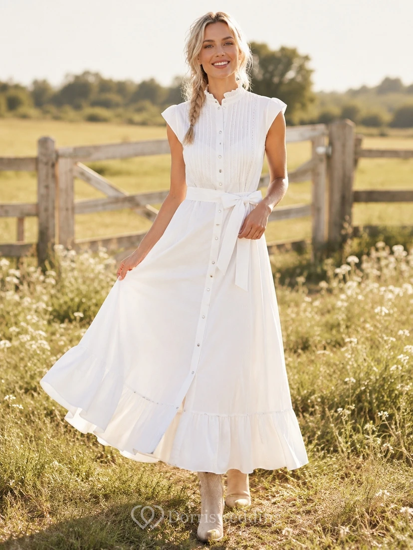 Country White V Neck Cap Sleeve Button Ankle Dress