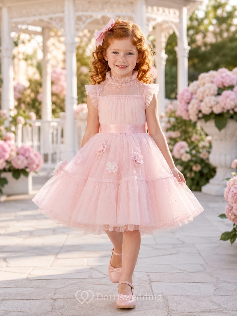 Blushing Pink Flower Girl Dress Knee-Length Swiss Dot Tulle High Neck Ruffle Tier Bow