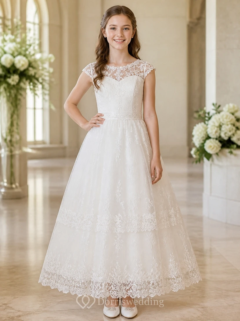 Modest Junior Bridesmaid Ankle-length A-Line Scoop Cap Sleeve Lace Dress