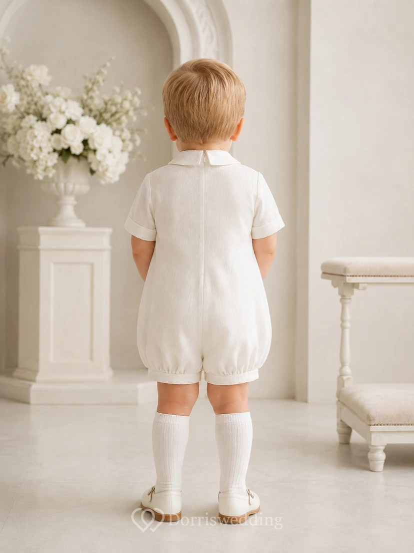 White Pintuck Front Peter Collar Short Sleeve Ceremony Romper for Baby Boy view 2