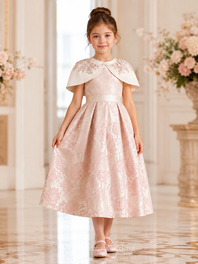 Capelet Satin A-Line Flower Girl Dress with Short Sleeves, Jewel Neck and Tea-Length Skirt