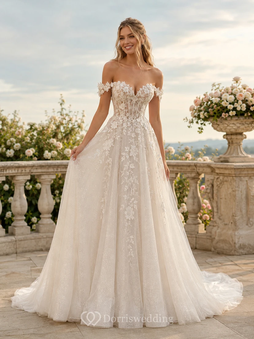 Robe de mariée trapèze en tulle et dentelle florale à épaules dénudées avec traîne chapelle