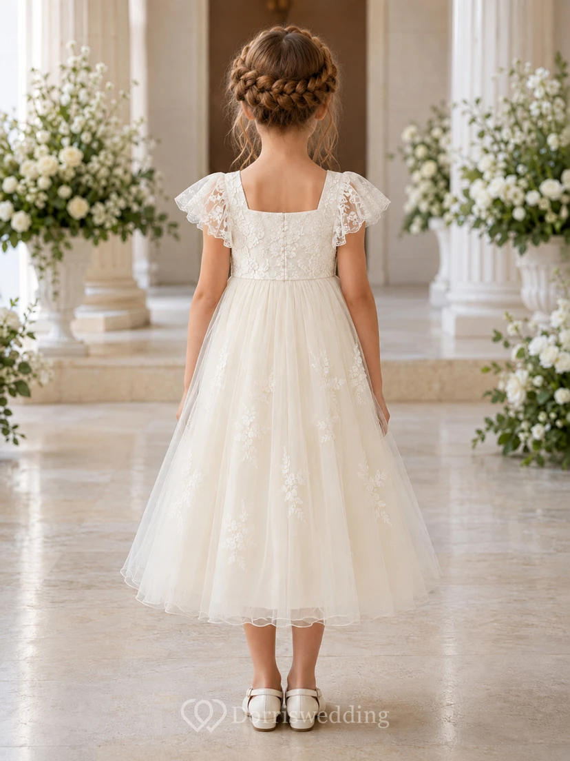 Langärmeliges A-Linien-Kleid aus Spitze und Tüll für Blumenmädchen mit Rundhalsausschnitt und wadenlangem Rock view 2