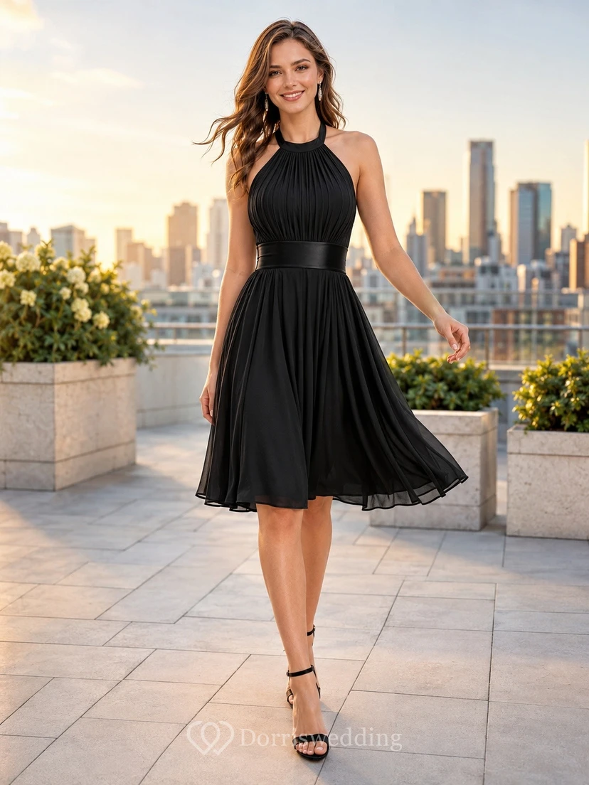 Black Halter Sleeveless Knee-Length Chiffon A-Line Flowergirl Dress