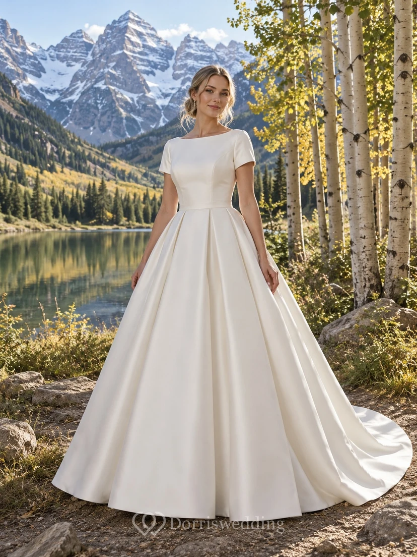 Vestido de novia sencillo de corte A, escote barco, manga corta, satén liso, largo hasta el suelo