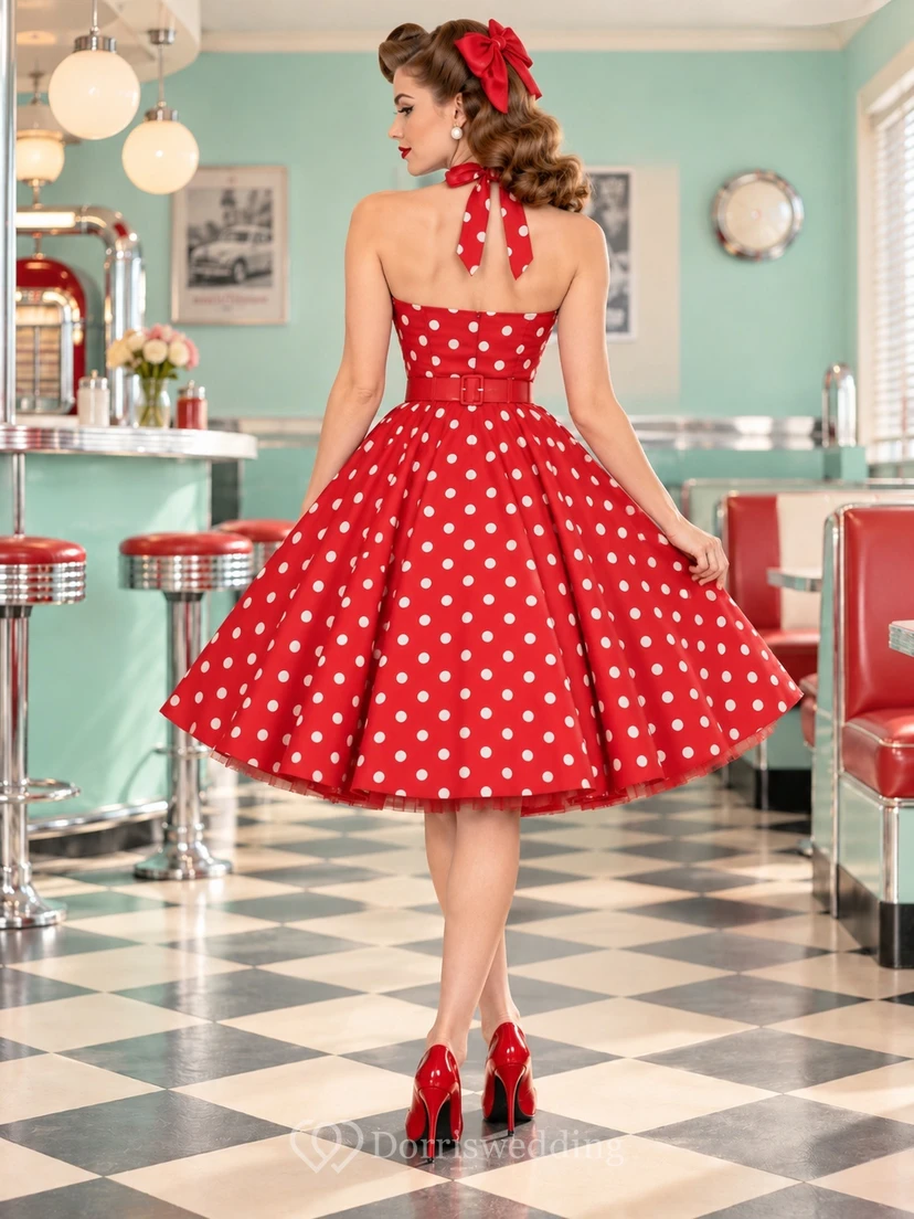 Vintage Red Polka Dot Halter Sweetheart Flared Knee-Length Cocktail Dress view 2