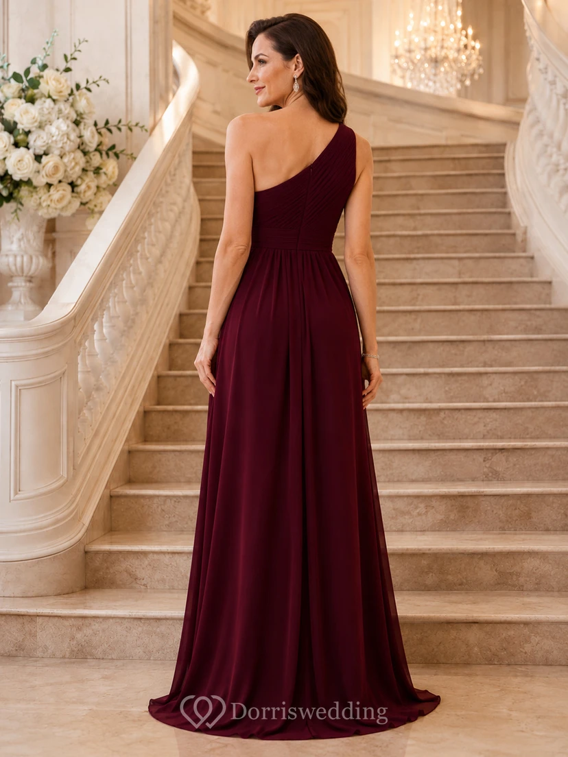 Burgundy One Shoulder Sleeveless Draped Chiffon A-Line Floor Length Mother Dress view 2