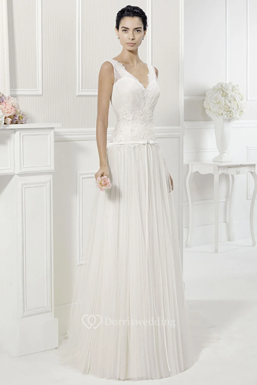 V Neck V Back Lace Drop Waist Tulle Bridal Gown With Belt