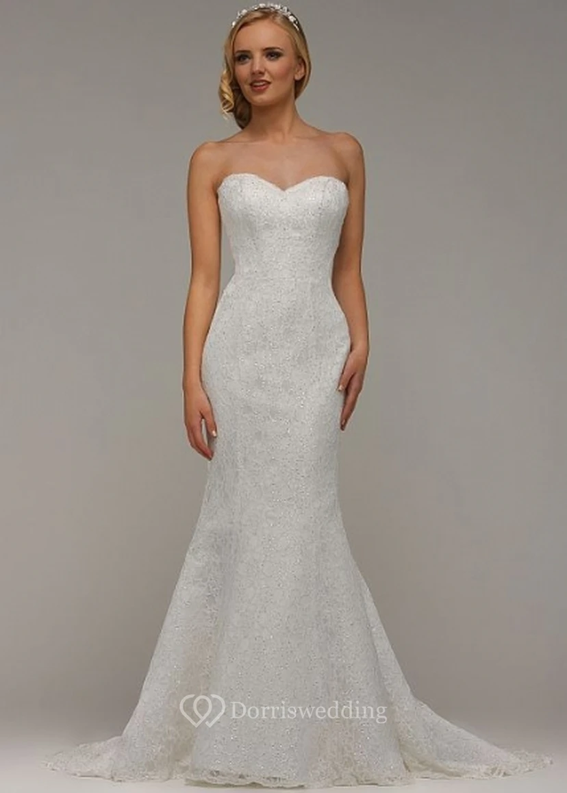 Long Sweetheart Beaded Long-Sleeve Lace Wedding Dress view 3
