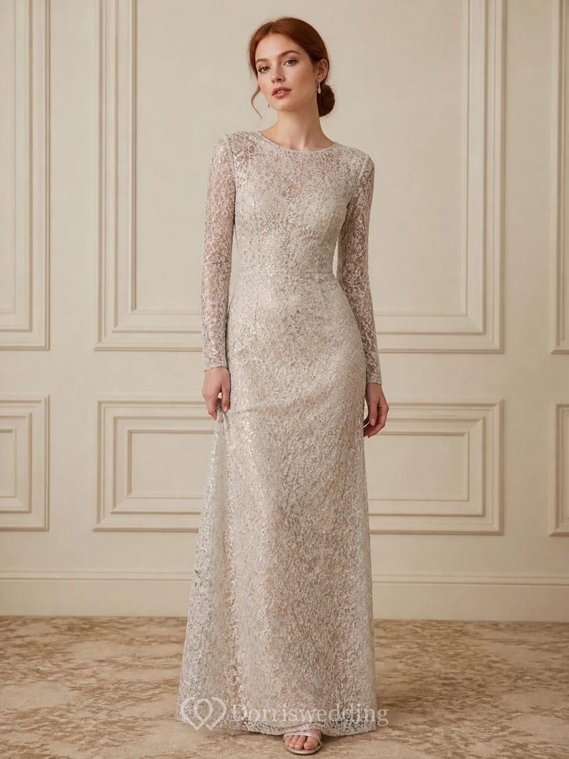 Elegante vestido de noche largo hasta el suelo, de corte recto, manga larga, color plata, con encaje brillante.