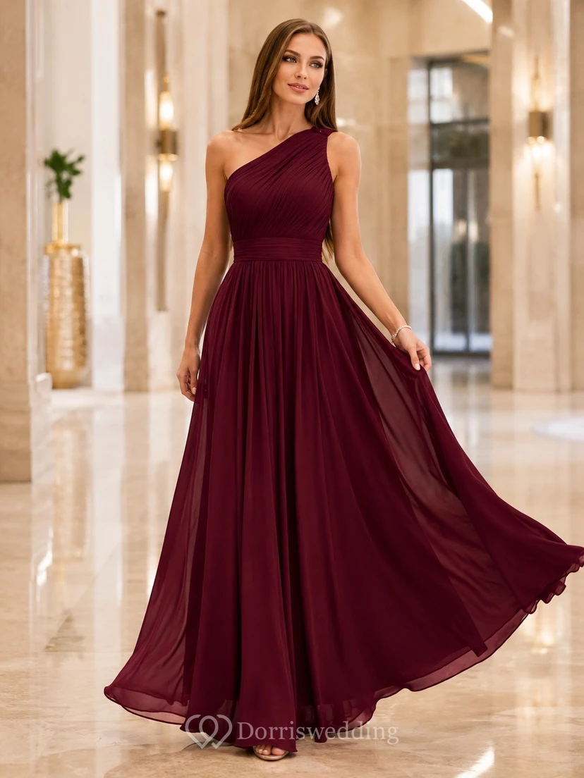 Burgundy One Shoulder Chiffon A Line Romantic Evening Dress