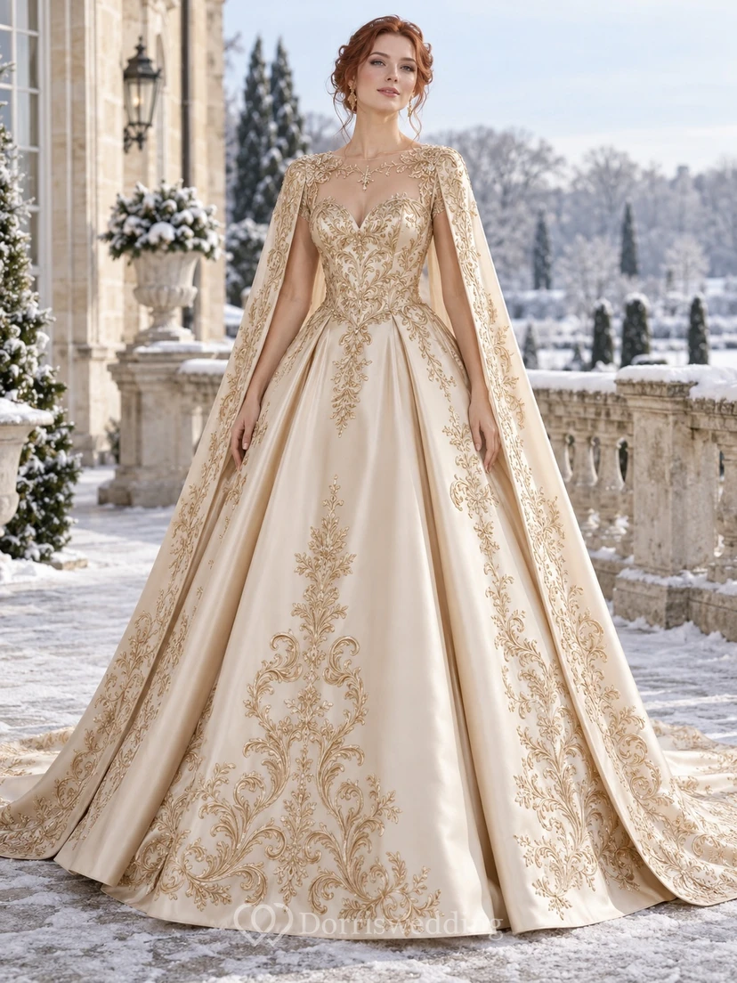 Champagne Winter Sweetheart Gold Scroll Embroidered Cape Ball Gown Wedding Dress