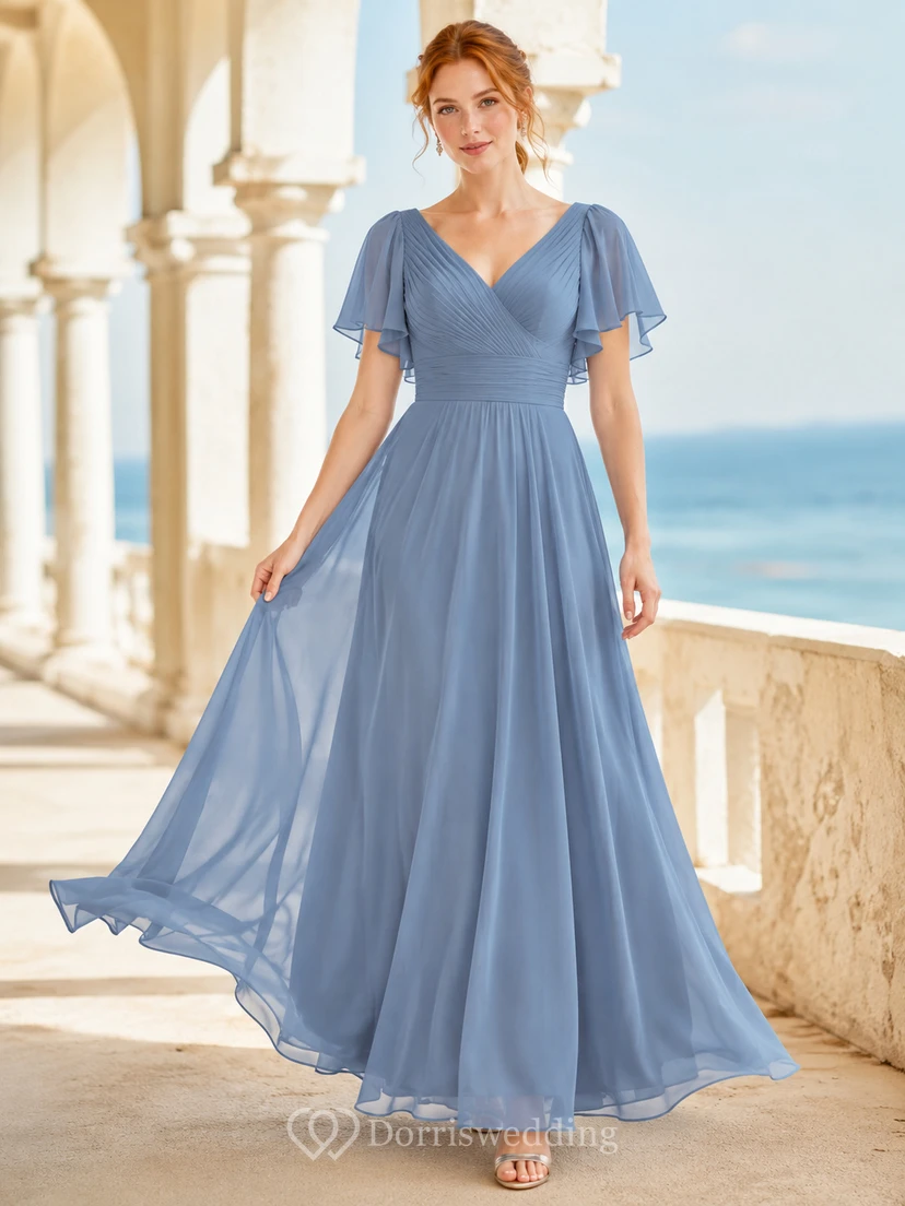 Dusty Blue Flutter Sleeve Chiffon A Line Bridesmaid Dress