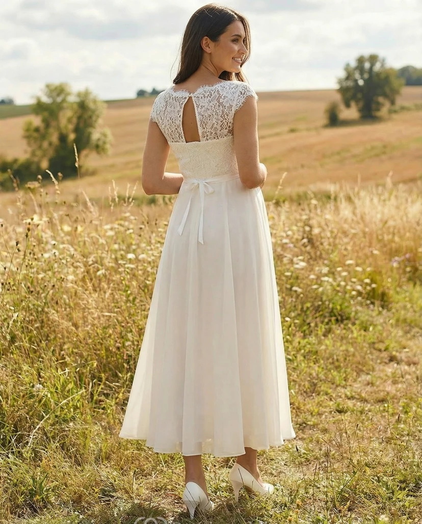 High Neck Lace Maternity Wedding Dress with Cap Sleeves and Tea Length Chiffon Skirt view 2
