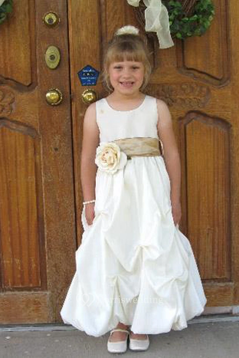 Ankle-Length Floral Pick Up Taffeta Flower Girl Dress view 5