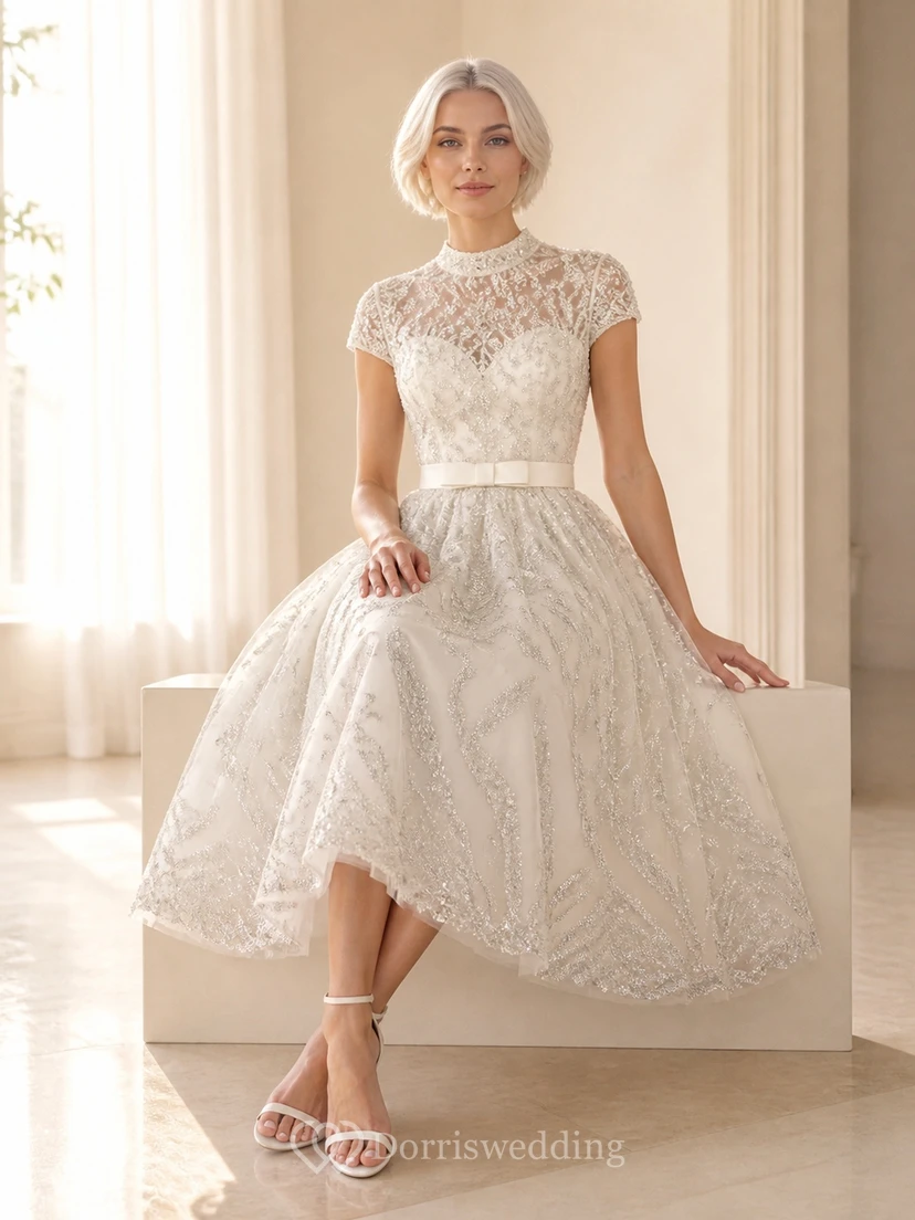 Modest Older Mother Tea-length High Neck Lace Cap Sleeve Dress