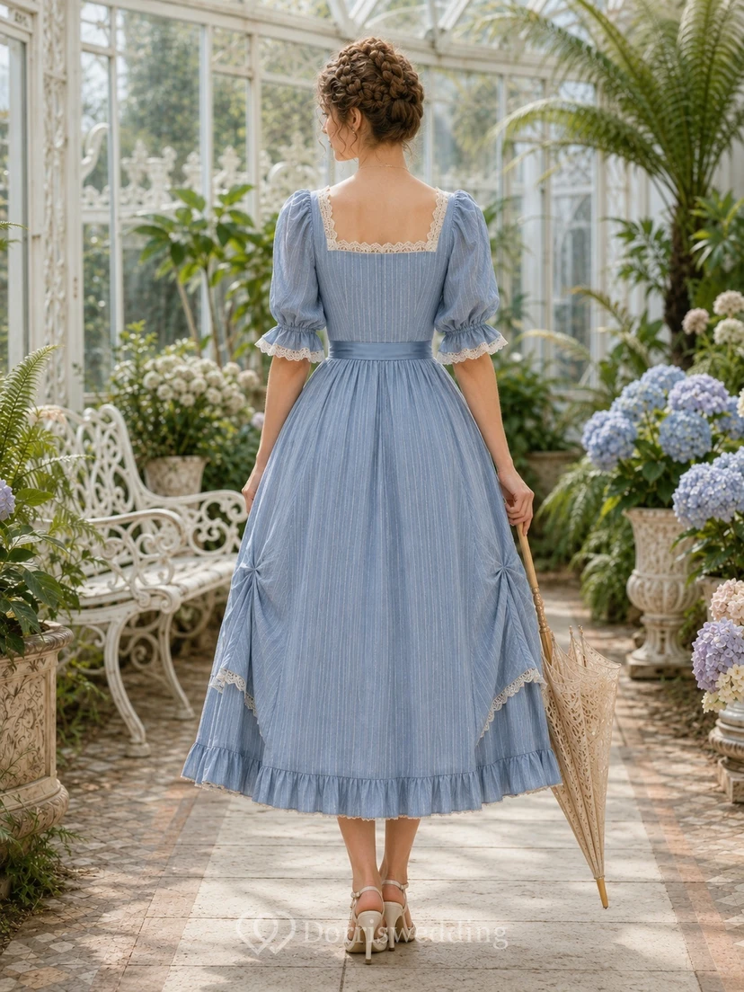 Vintage stahlblaues, eckiges A-Linien-Gartenkleid mit halben Ärmeln und Stufenrock in Teelänge view 2