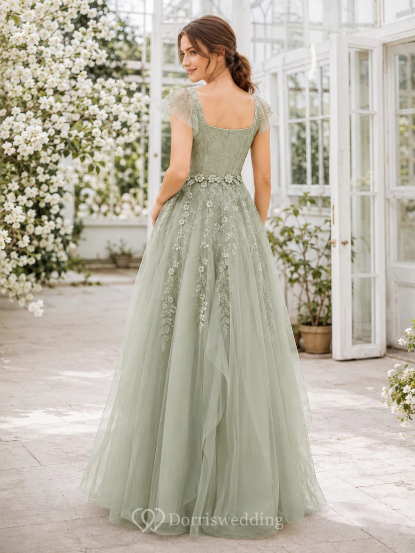 Luxury Sage Square Neck Cap Floral Applique Tulle A Line Guest Gown view 2