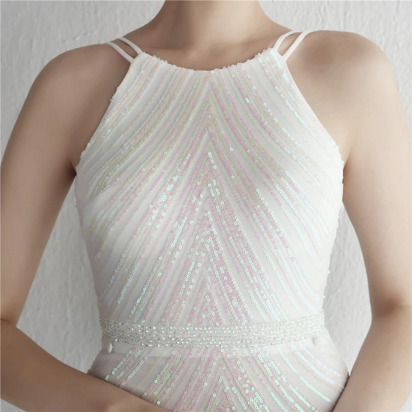 Paillettenbesetzter Chiffonrock mit Blumenmuster, handgefertigt mit Perlen und Neckholder-Ausschnitt, elegant und kühl, perfekt für festliche Anlässe. view 8
