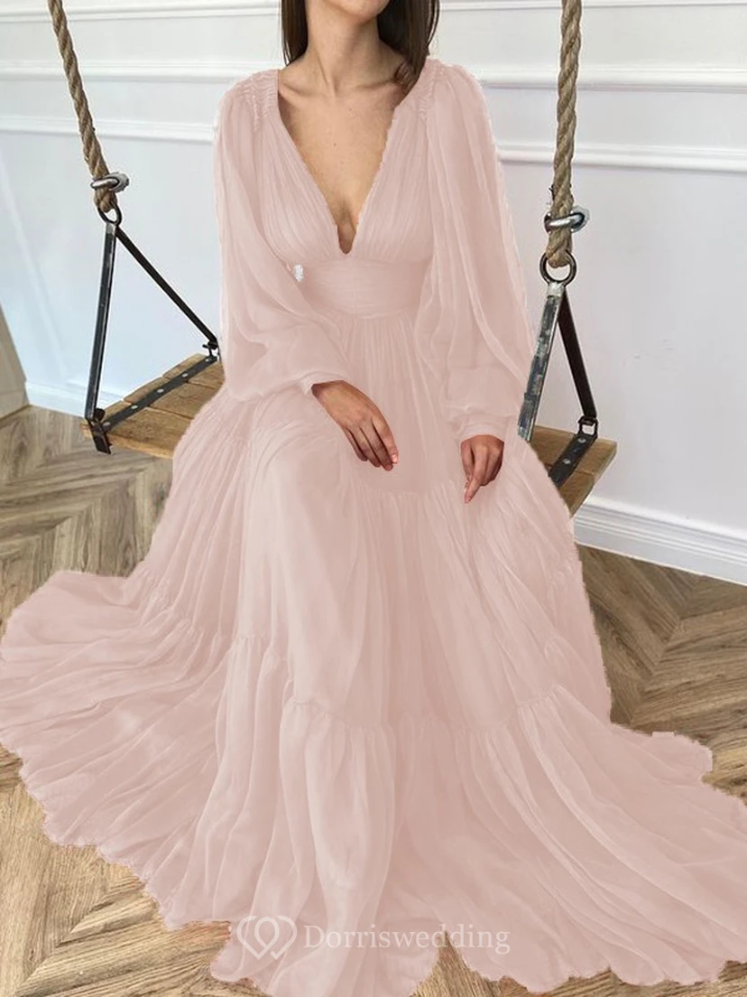 Sexy V-neck Puff Long Sleeve Chiffon Layered Empire Dress view 25