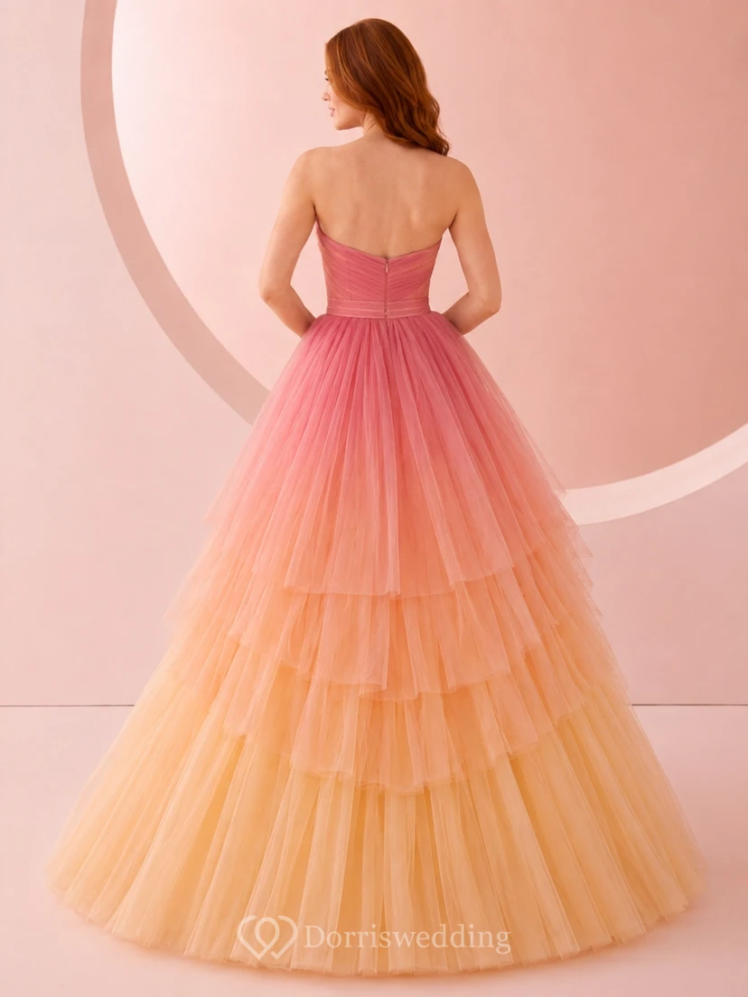 Pink Yellow Ombre Tulle Sweetheart Layered Floor-length Ball Gown Formal Dress view 2