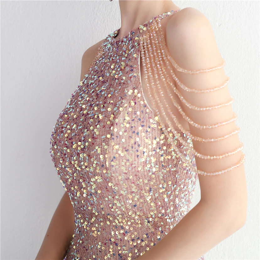 Heavy-Duty Glass Bead Craft Beaded Banquet Evening Dress Temperament Elegant Long Halter Neck Slit Sequins view 39