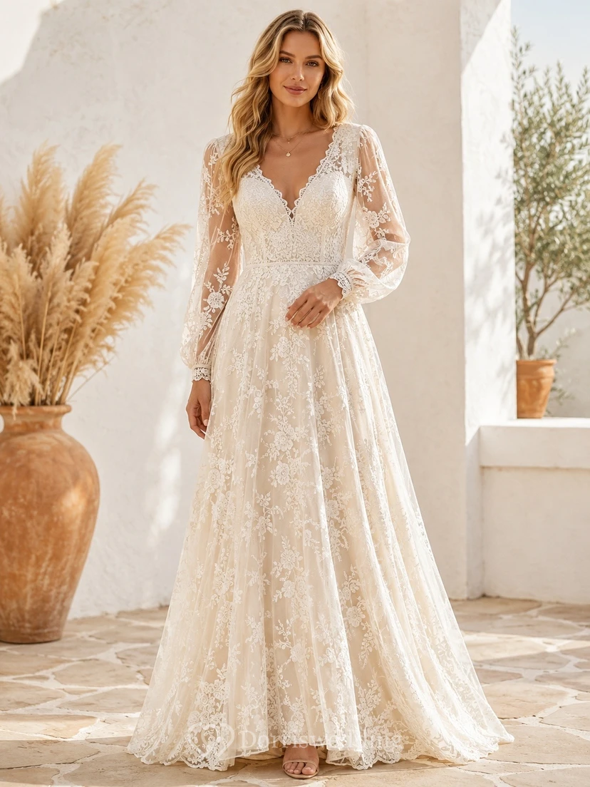 Vestido de novia bohemio de manga larga, corte en A, escote en V y encaje, largo hasta el suelo, para compromiso o boda.