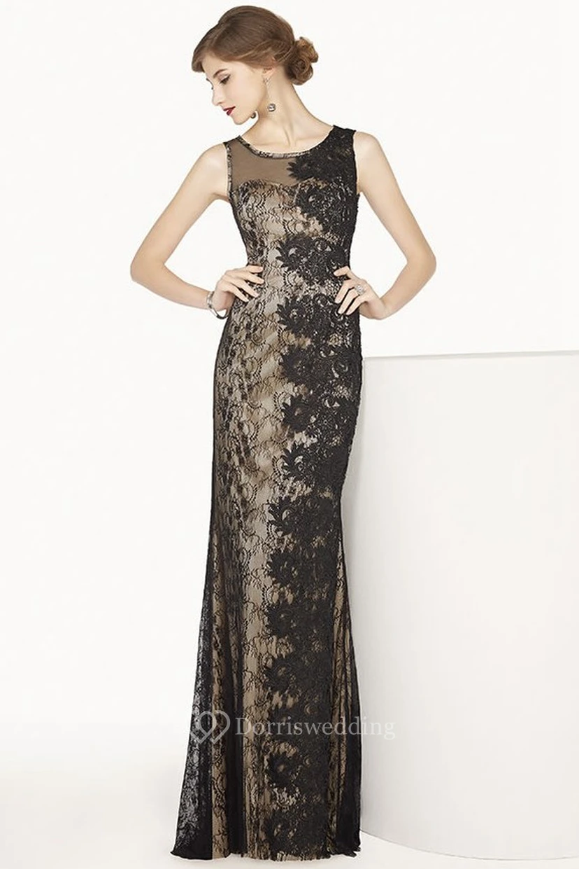 Scoop Neck Sleeveless Sheath Lace Long Prom Dress Illusion Style