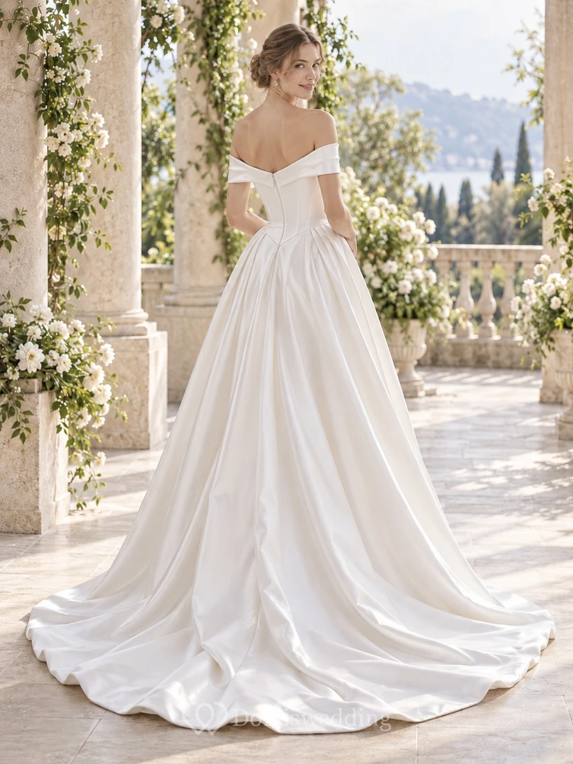 Simple Off Shoulder A-Line Diagonal Waist Draped Satin Flowing Sweeping Wedding Dress view 2